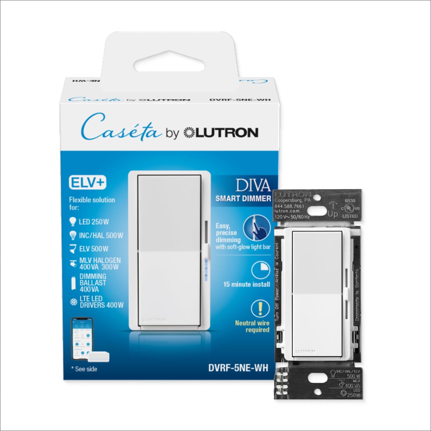 Lutron Diva Smart Dimmer Switch ELV+ for Caseta Lighting, 250-Watt LED, Neutral Required, Smart Dimmer Switch, DVRF-5NE-WH, White