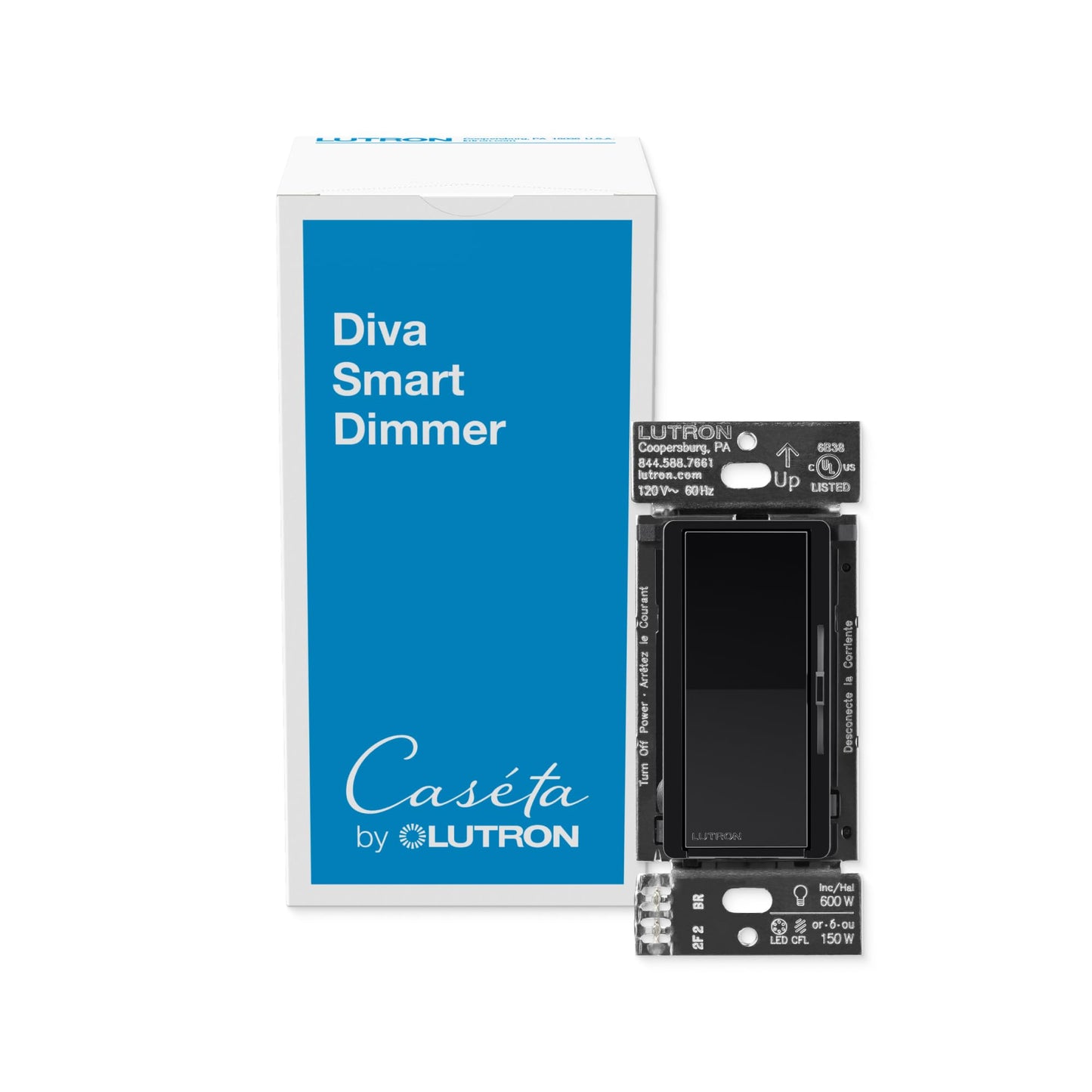 Lutron Diva Smart Dimmer Light Switch for Caseta Lighting (Lutron Smart Hub Required), for LED Lights, 150W, Single-Pole/3-Way, No Neutral, Black (DVRF-6L-BL)