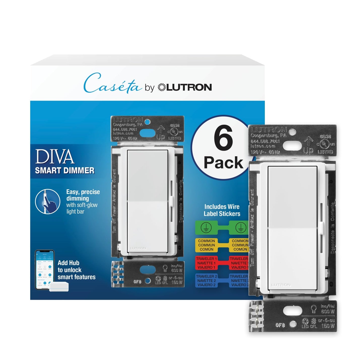 Lutron Diva Smart Dimmer Light Switch for Caseta Lighting (Lutron Smart Hub Required), for LED Lights, 150W, Single-Pole/3-Way, No Neutral, White - 6 Pack