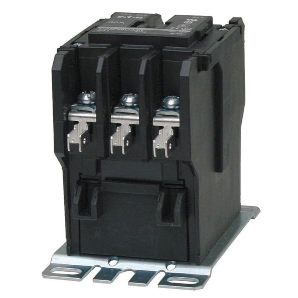 Eaton C25DND330T Definite Purpose Contactor, 50mm, 3 Poles, Screw/Pressure Plate, Quick Connect Side By Side Terminals, 30A Current Rating, 2 Max HP Single Phase at 115V, 10 Max HP Three Phase at 230V, 15 Max HP Three Phase at 480V, 24VAC Coil Voltage