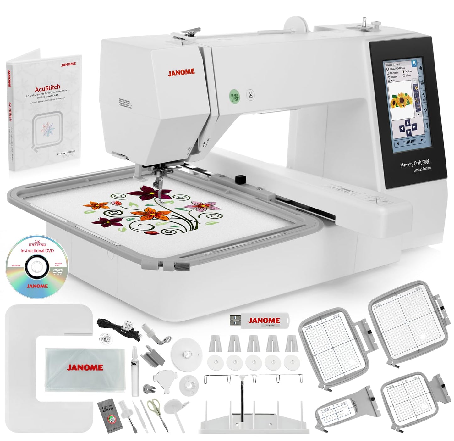 Janome Memory Craft 500e LE Embroidery Machine Bundle - Includes 5-Spool Thread Stand, 3.9" x 1.6" Hoop, Acustitch Software + USB Flash Drive w/ 30 Designs