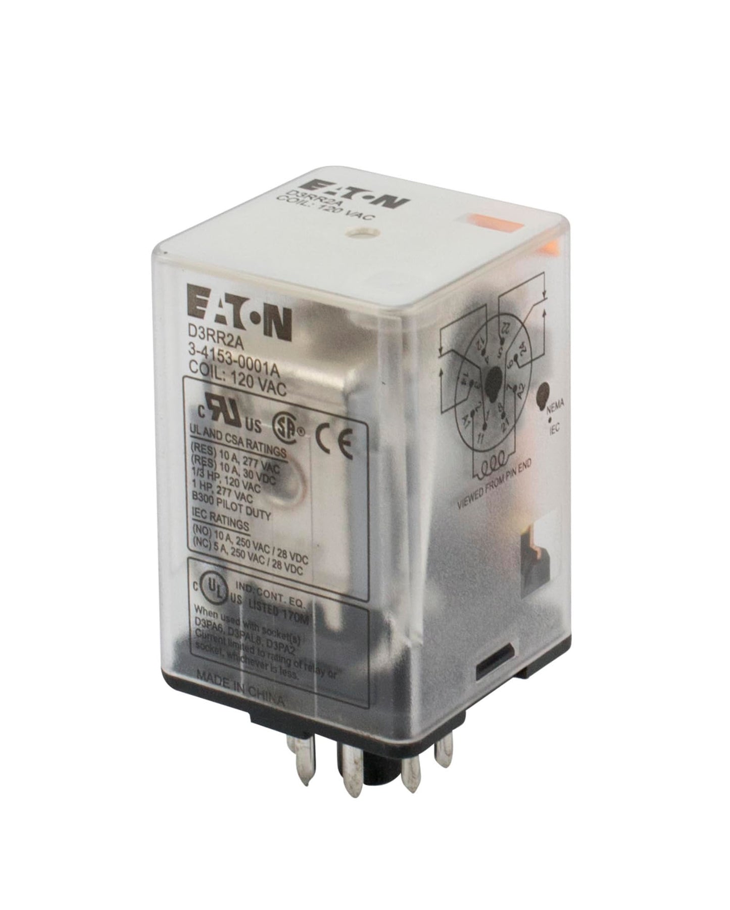 Eaton Eaton D3RR2A Relay, 120VAC Coil, DPDT, 10A, 8-Pin, Plug -In Style