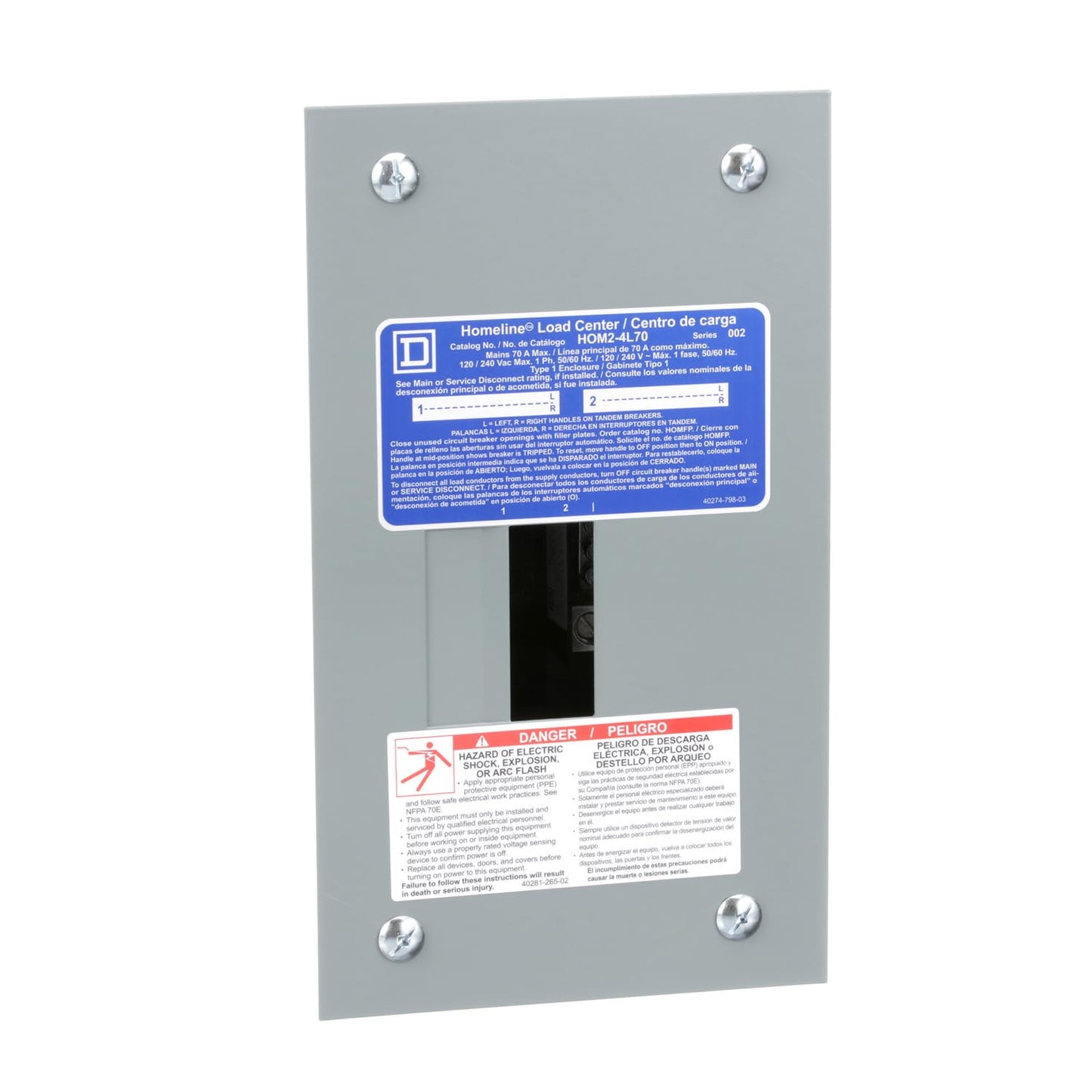 Square D - HOM24L70FCP Homeline 70 Amp 2-Space 4-Circuit Indoor Flush Mount Main Lugs Load Center with Cover