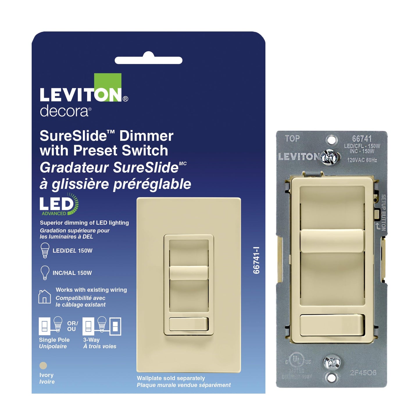 Leviton SureSlide LED Advanced Dimmer Switch for 150W Dimmable LED, Halogen and Incandescent Bulbs and Fixtures, 66741-I, Ivory