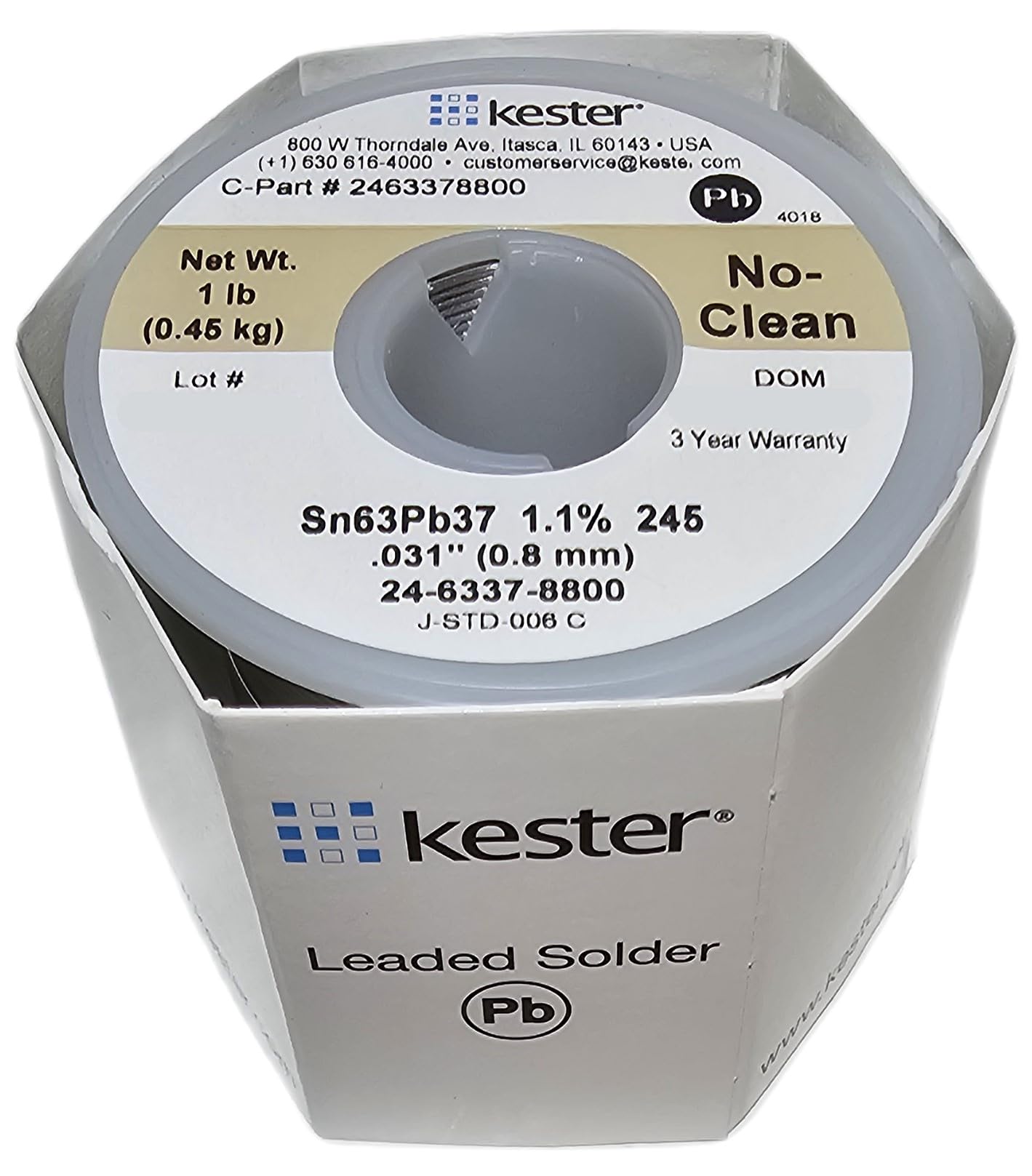 Kester 24-6337-8800 50 Activated Rosin Cored Wire Solder Roll, 245 No-Clean, 63/37 Alloy, 0.031" Diameter