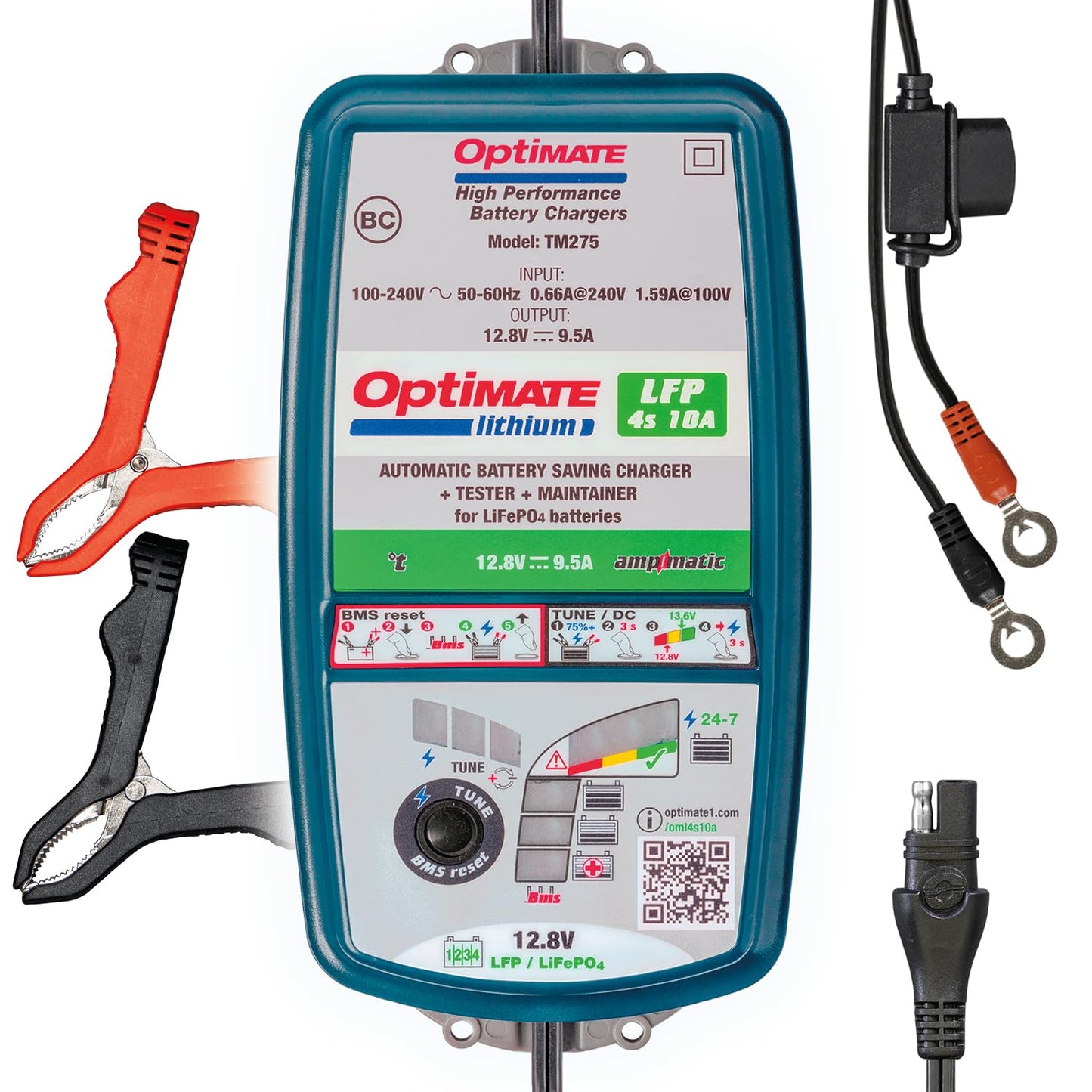 Optimate Lithium LFP Select, TM271v2, 10-Step 12.8V 9.5A / 16V 7.5A High Performance Battery-Saving Charger and Maintainer