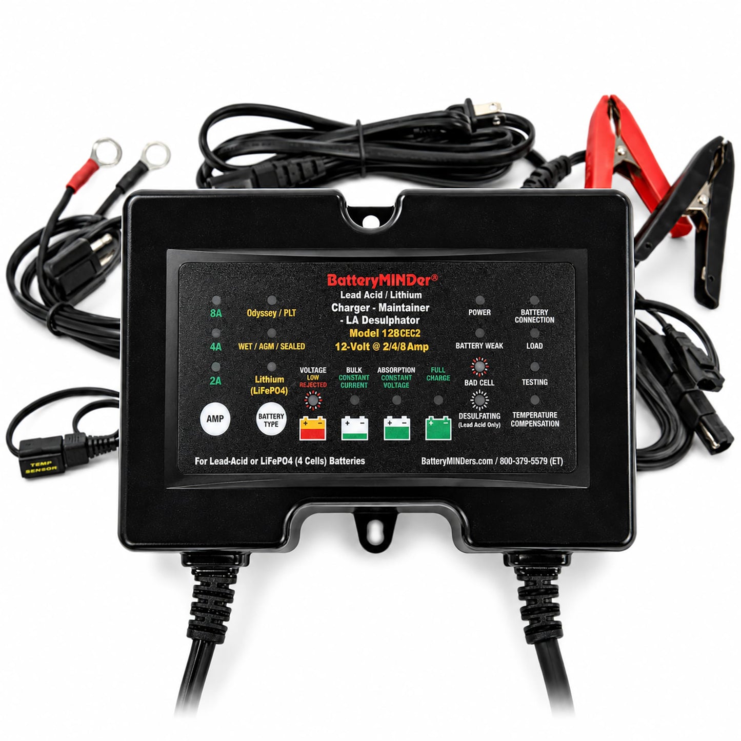 BatteryMINDer 128CEC2 12V 2/4/8 Amp Smart Trickle Charger, Automatic Battery Maintainer & Desulfator for Lead Acid & LiFePO4 Batteries, AGM, Marine, RV & Odyssey