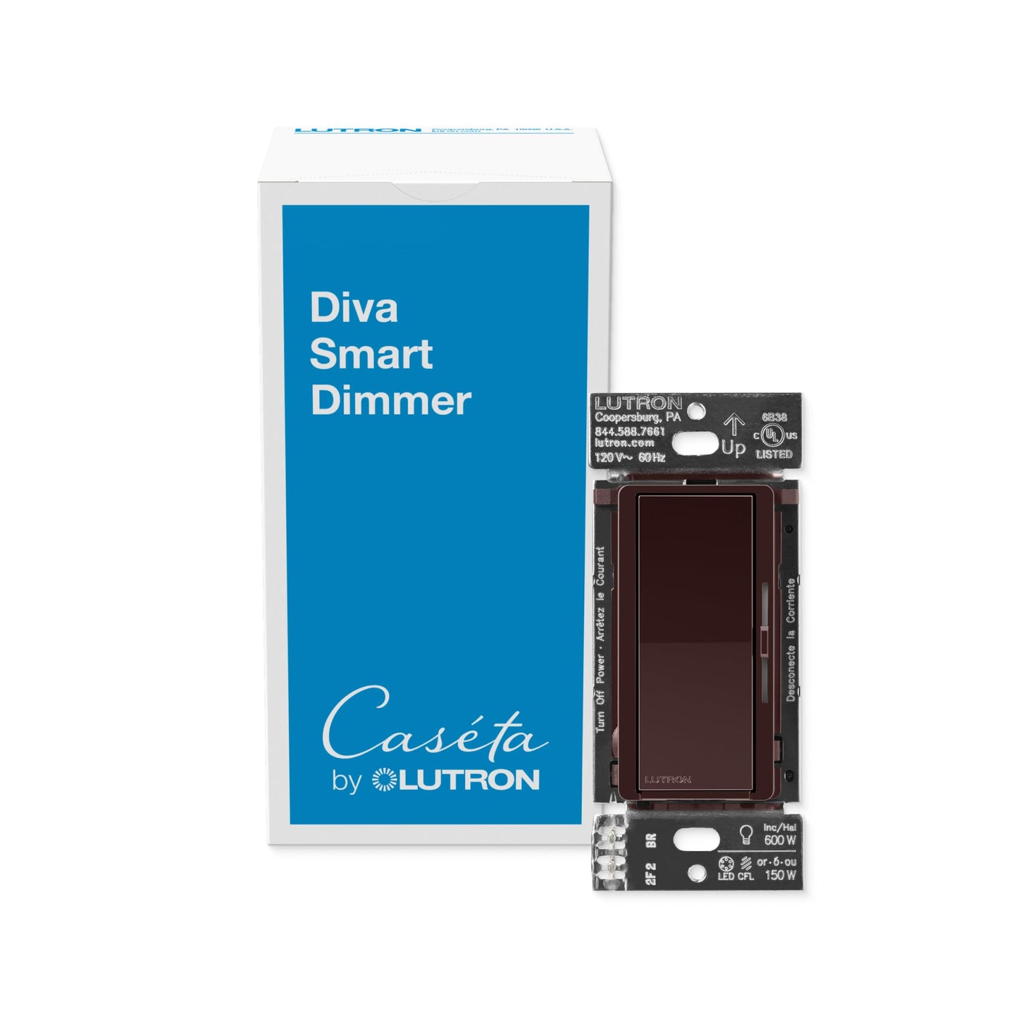 Lutron Diva Smart Dimmer Light Switch for Caseta Lighting (Lutron Smart Hub Required), for LED Lights, 150W, Single-Pole/3-Way, No Neutral, Brown (DVRF-6L-BR)
