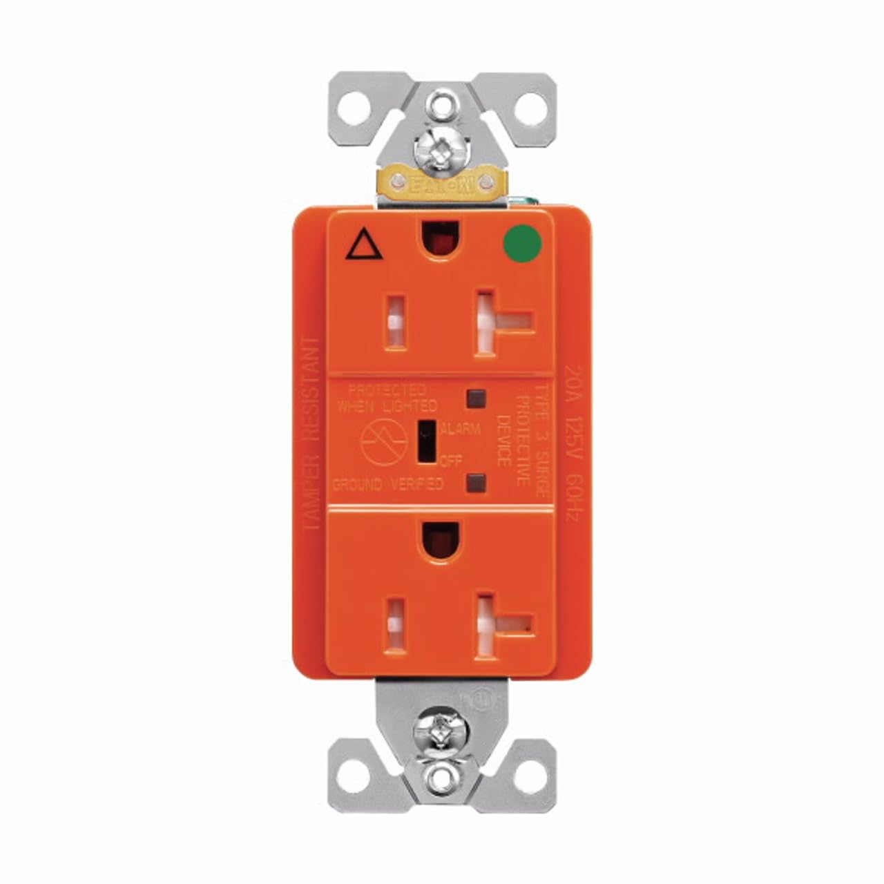 Eaton TRIG8362RNS 20 Amp TVSS Surge Protection Duplex Receptacle w/Alarm and LED Indicators, Hospital Grade, Tamper Resistant, Orange w/LED Indicators to Verify Surge Protection & Ground, 20A 125V