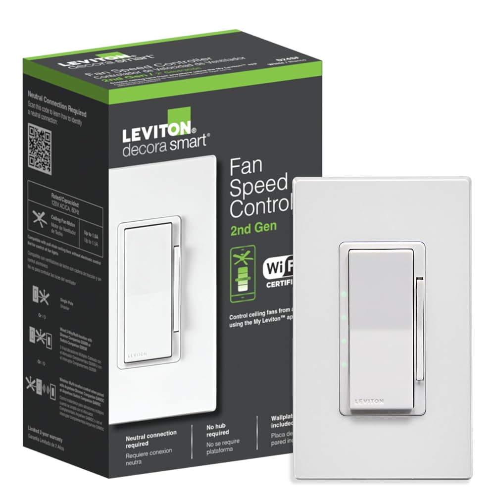 Leviton Decora Smart Fan Speed Controller, Wi-Fi 2nd Gen, Neutral Wire Required, Works with My Leviton, Alexa, Google Assistant, Apple Home/Siri & Wired or Wire-Free 3-Way, D24SF-1RW, White