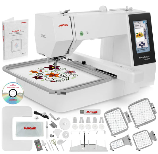Janome Memory Craft 500e LE Embroidery Machine Bundle - Includes 5-Spool Thread Stand, 3.9" x 1.6" Hoop, Acustitch Software + USB Flash Drive w/ 30 Designs