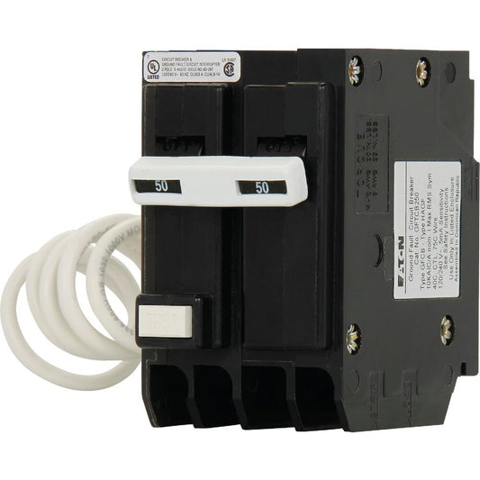 Eaton BRN250GF BR GFCI Circuit Breaker, Ground Fault, Pigtail Neutral, 50 A, 10 KAIC, Two-Pole, 120/240 V, Black