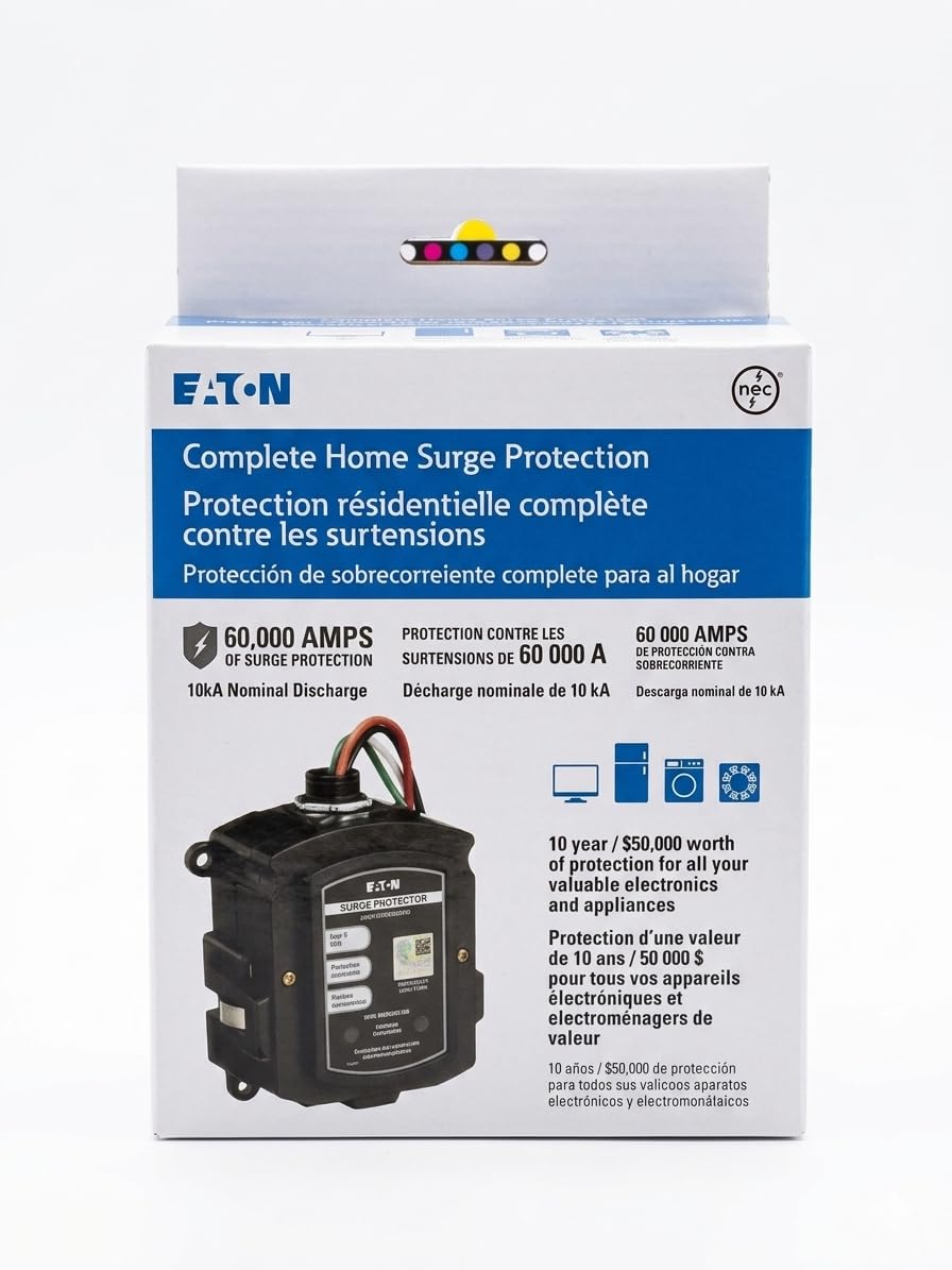Eaton Complete Home Surge Protector, Type 2 SPD, 60kA Surge Current, AC Power Protection, Indoor/Outdoor, CHSPT2SURGE10