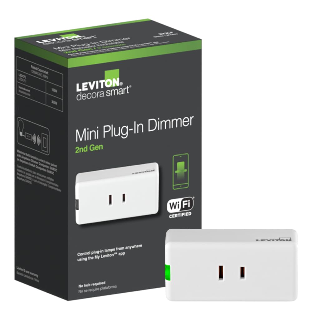 Leviton Decora Smart Dimmer Plug, Wi-Fi 2nd Gen, Works with Matter, My Leviton, Alexa, Google Assistant, Apple Home/Siri & Wire-Free Anywhere Companions for Switched Outlet, D23LP-1RW, White