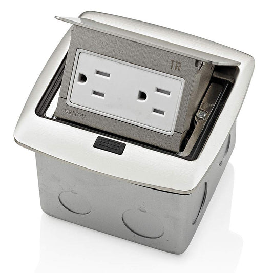 Leviton Pop-Up Floor Box with 15 Amp, Tamper-Resistant Outlet, Brushed Nickel, PFTR1-BN