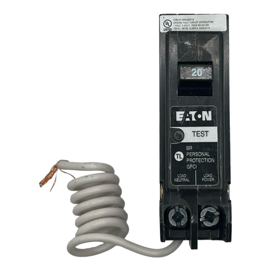 Eaton BRN120GF Circuit Breaker, GFCI, Type BR, 20 A, 1-Pole, 120/240 VAC, Trip-to-Center Trip, Plug