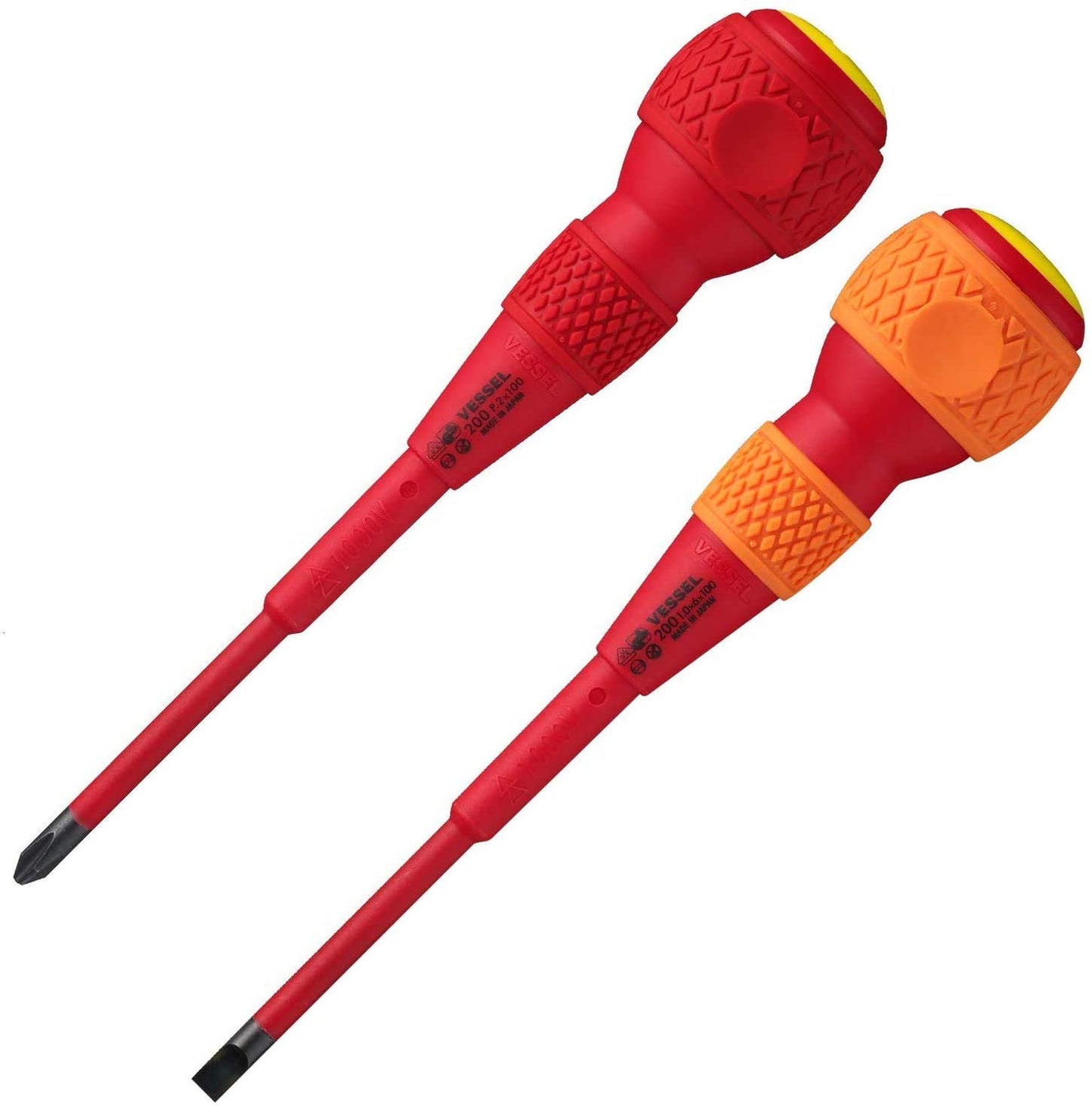 Vessel 202PS-1 Ball Grip, Insulated Screwdriver, Set of 2 + 2 x 100 / -6 x 100