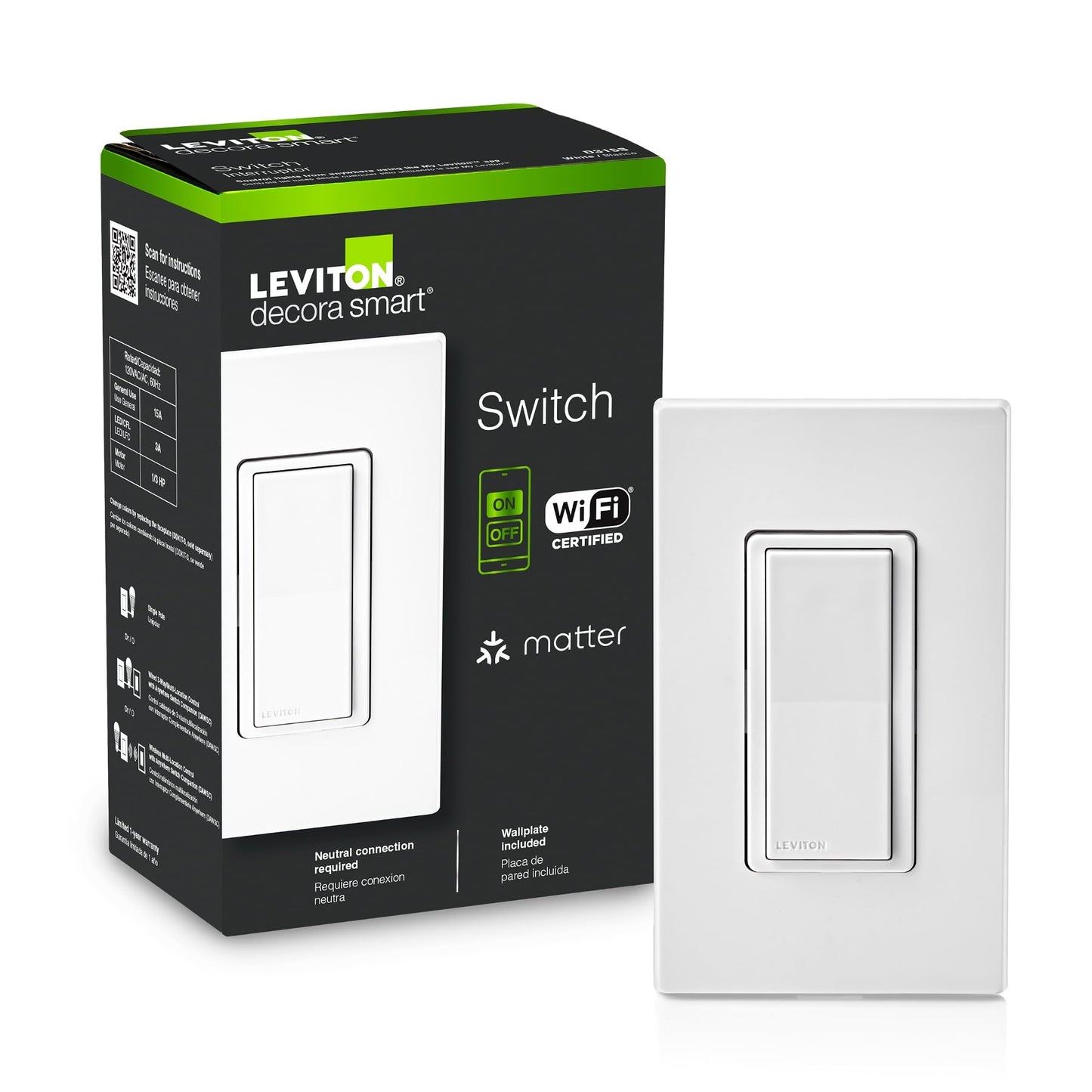 Leviton Decora Smart Switch, Wi-Fi, Works with Matter, Alexa, Google Assistant, Apple Home/Siri & Wired or Wirefree 3-Way, Neutral Wire Required, D315S-1RW, White