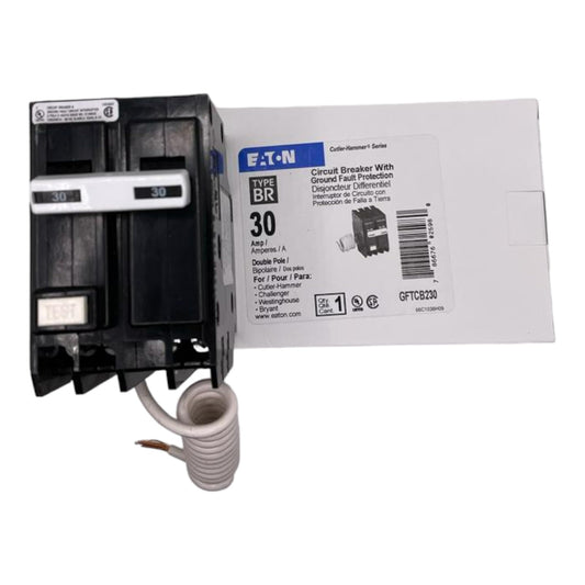 EATON GFTCB230 Cutler Hammer Ground Fault Circuit Breaker, 30 Amp, 120/240 Vac, 10 Kaic, 14-4 Awg, 2 Poles