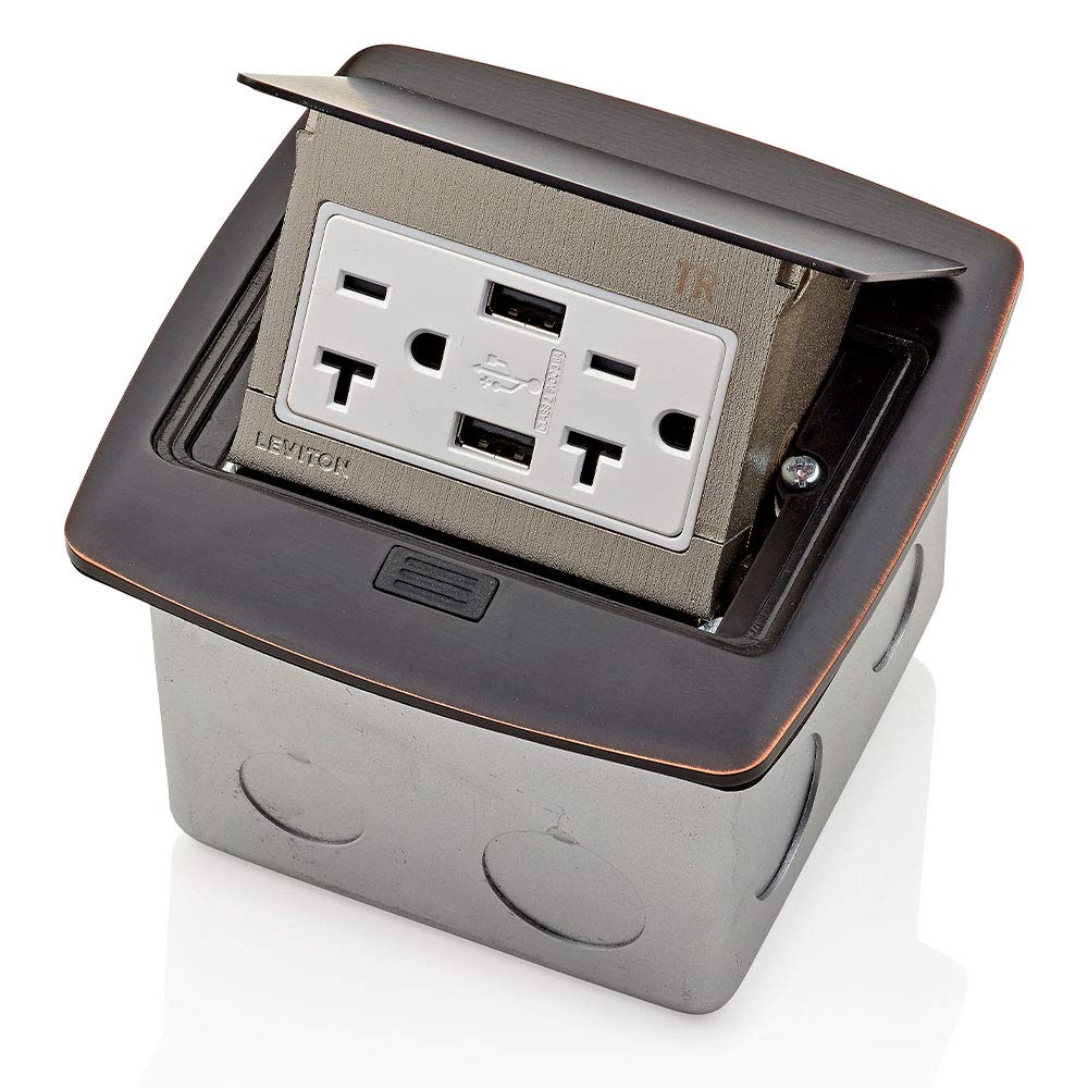 Leviton Pop-Up Floor Box with Dual Type A, 3.6 USB Charger, 20 Amp Outlet, PFUS2-BZ, Bronze