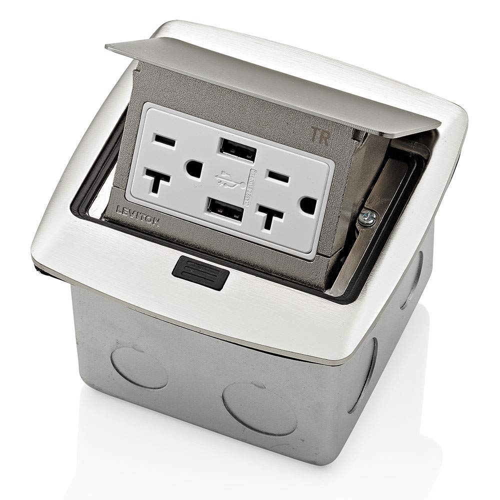 Leviton Pop-Up Floor Box with Dual Type A, 3.6 Amp USB Charger, 20Amp Outlet, Brushed Nickel, PFUS2-BN