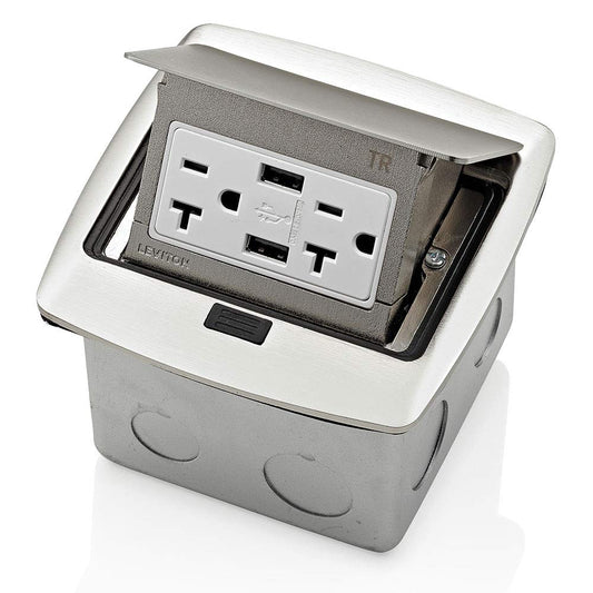 Leviton Pop-Up Floor Box with Dual Type A, 3.6 Amp USB Charger, 20Amp Outlet, Brushed Nickel, PFUS2-BN