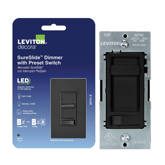 Leviton SureSlide LED Advanced Dimmer Switch for 150W Dimmable LED, Halogen and Incandescent Bulbs and Fixtures, 66741-E, Black