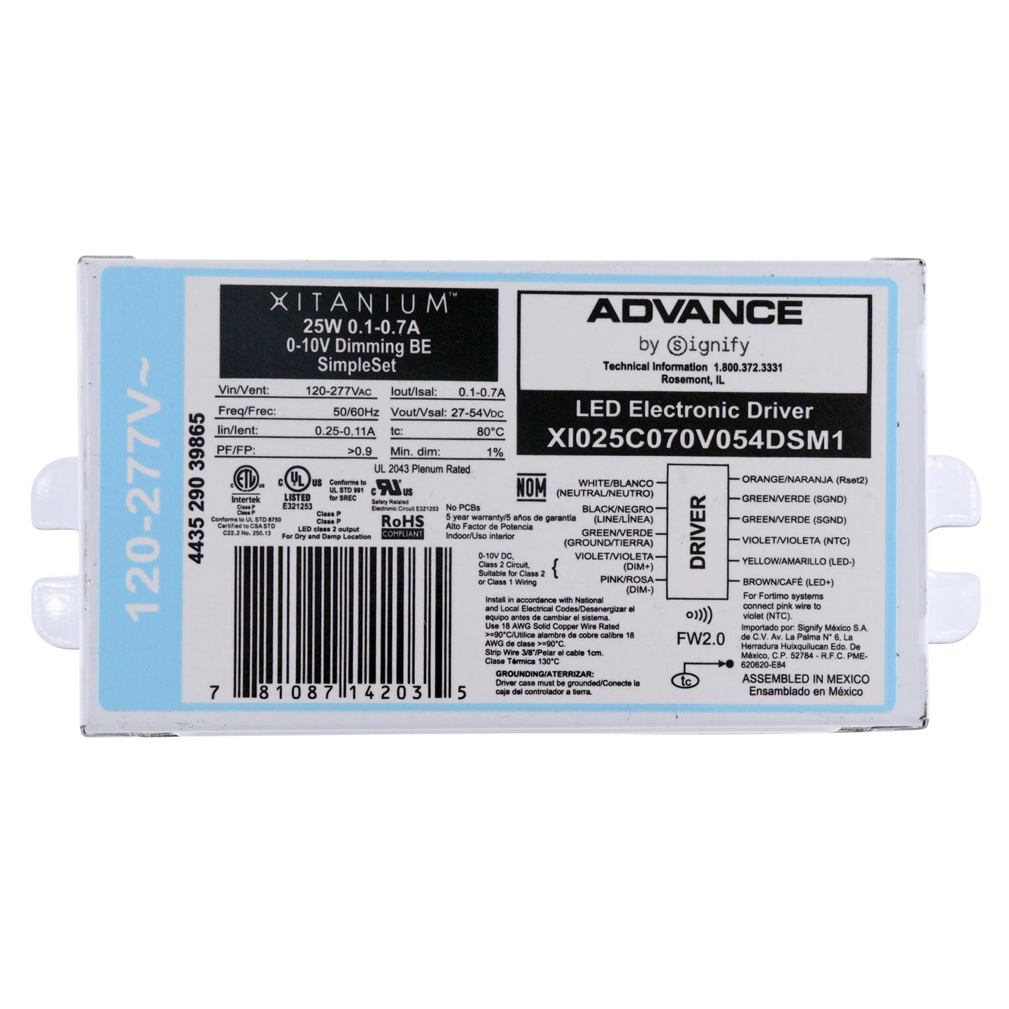 Advance XI025C070V054DSM1 Xitanium 0-10V Dimming LED Driver, 25W, 54Vdc, 120/277V