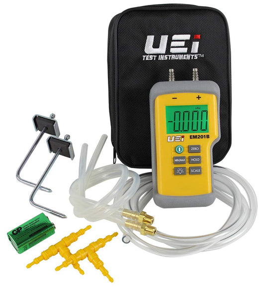 UEi EM201SPKIT Static Pressure Test Kit with EM201B Digital Differential Manometer, HVAC Pressure Measurement Kit, Includes Pressure Testing Accessories