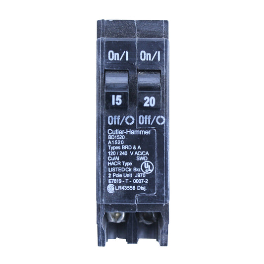 1- Eaton Cutler Hammer BD1520 Duplex Twin 2 Pole 15A & 20A Circuit Breaker BD2015