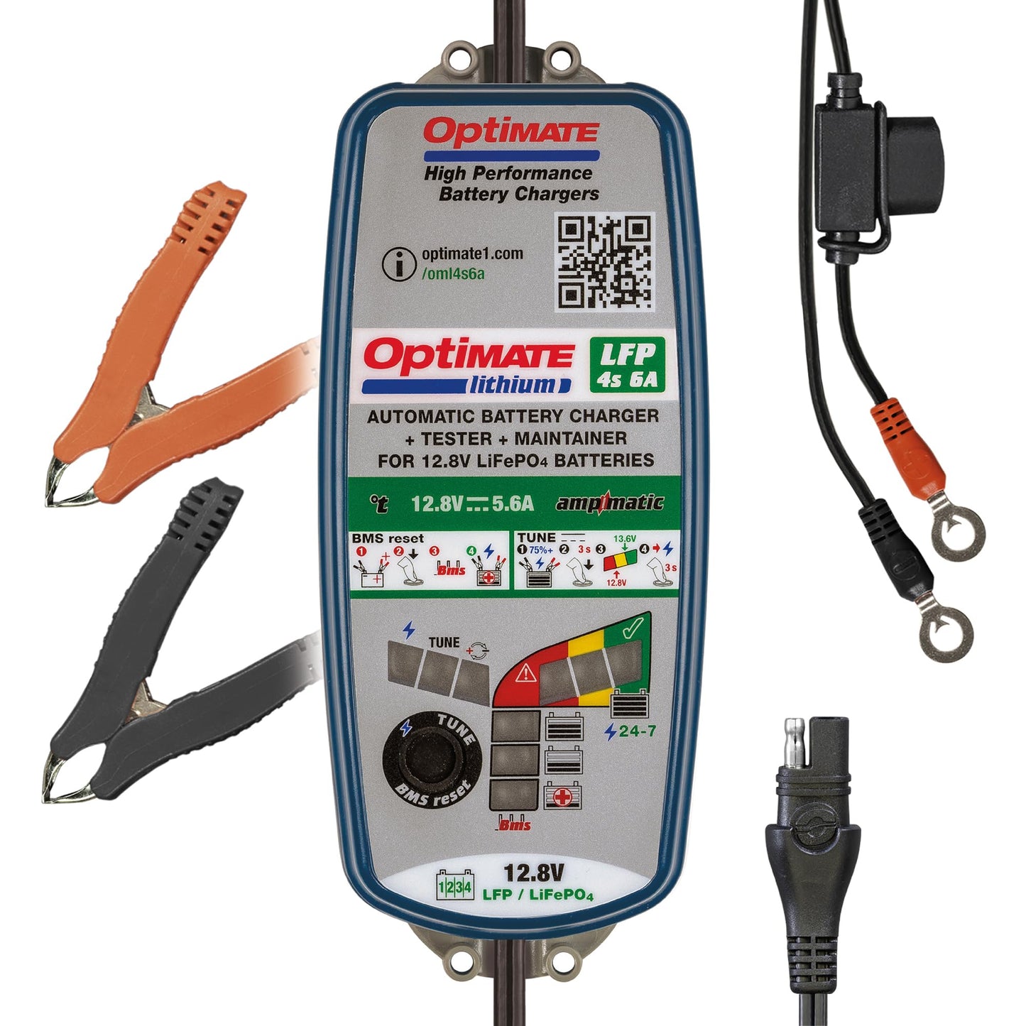 Tecmate OptiMate Lithium 4s 6A, TM391, 10-step 12.8V 6A Lithium Expert Battery Saving Charger & Maintainer, Blue/Green