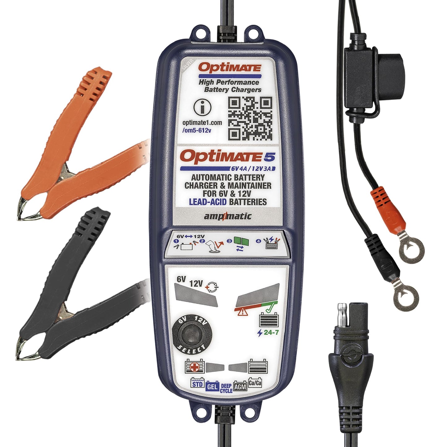 Tecmate Optimate5 6V/12V - 6V 4A / 12V 3A, Model TM321, Silver Series High Performance Battery Charger & maintainer for Deep Cycle Batteries