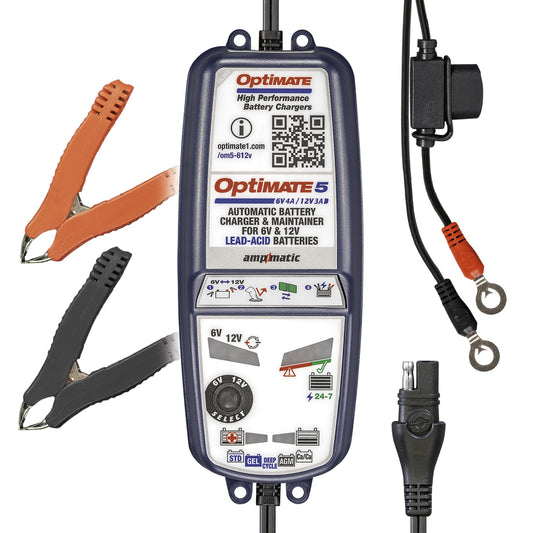 Tecmate Optimate5 6V/12V - 6V 4A / 12V 3A, Model TM321, Silver Series High Performance Battery Charger & maintainer for Deep Cycle Batteries