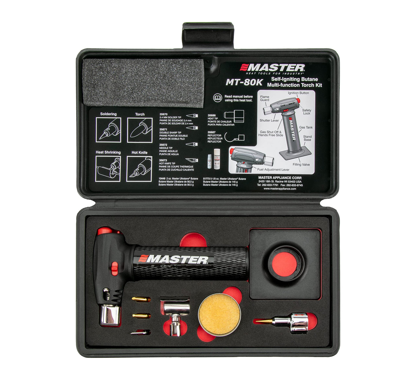 Master Appliance MT-80K Butane Micro Torch Kit [Butane Torch, Flameless Heat Tool, Soldering Iron & Hot Knife] Hand Held, Refillable with Butane Fuel, Adjustable Flame, Case with Attachments